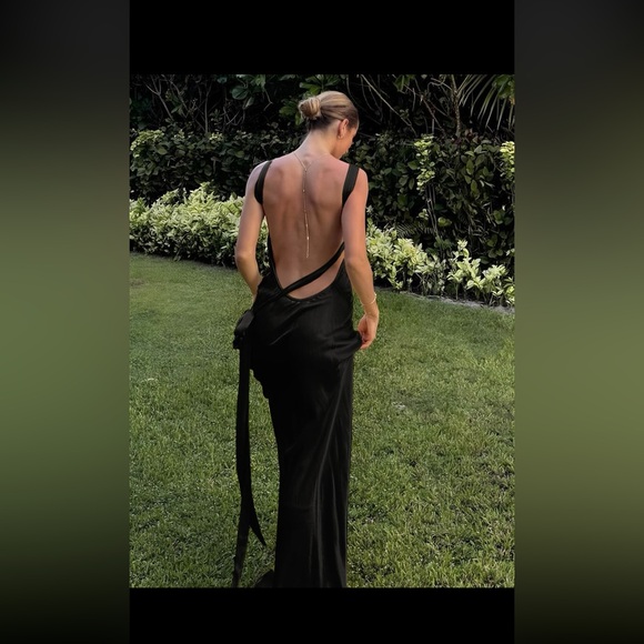 Satin asymmetrical one shoulder black slip dress - Picture 2 of 2